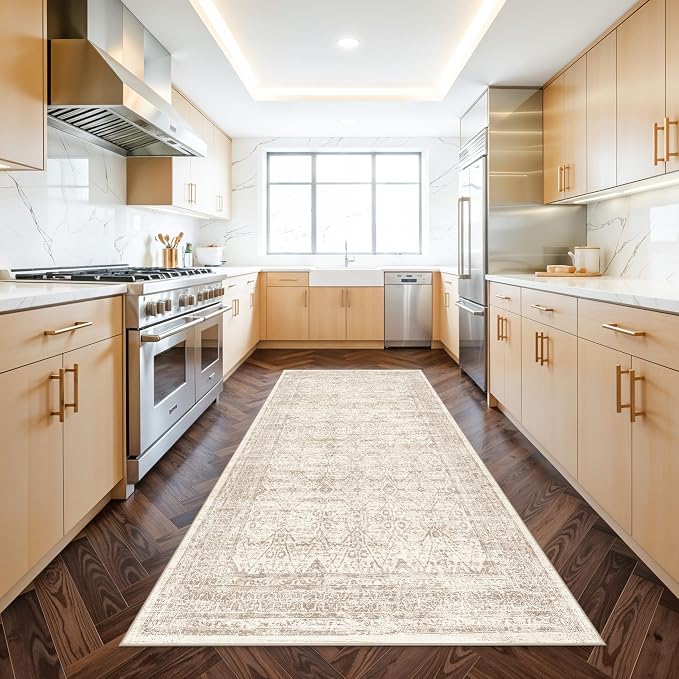 4x8 Rug Runner Indoor Kitchen Washable: Non Slip Area Rug for Entry Hallway Farmhouse Vintage Rug Runner for Bathroom Entryway Low Pile Soft Door Mat for Living Room Bedroom (Brown/Ivory 4'x8')