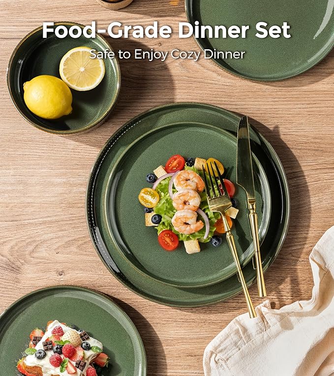 GBHOME Stoneware Dinnerware Sets for 4, 12 Pieces Ceramic Ribbed Plates and Bowls Set, Reactive Glaze Stackable Plate Sets, Scratch Resistant Dishes, Microwave & Dishwasher Safe, Sage Green