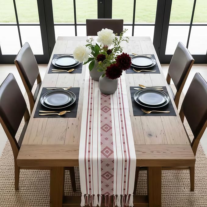 Red Table Runner 90 Inches Long Modern Geometric Runner for Home Kitchen Dining Table, Hand-Woven Cotton Table Runner with Tassels for Thanksgiving Christmas Holiday Decor