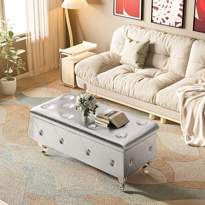 DKLGG Storage Ottoman Bench for Bedroom, Upholstered Entryway Bench with Legs & Safety Hinge, Small Storage Bench for Living Room/End of Bed/Entryway/Window, Silver