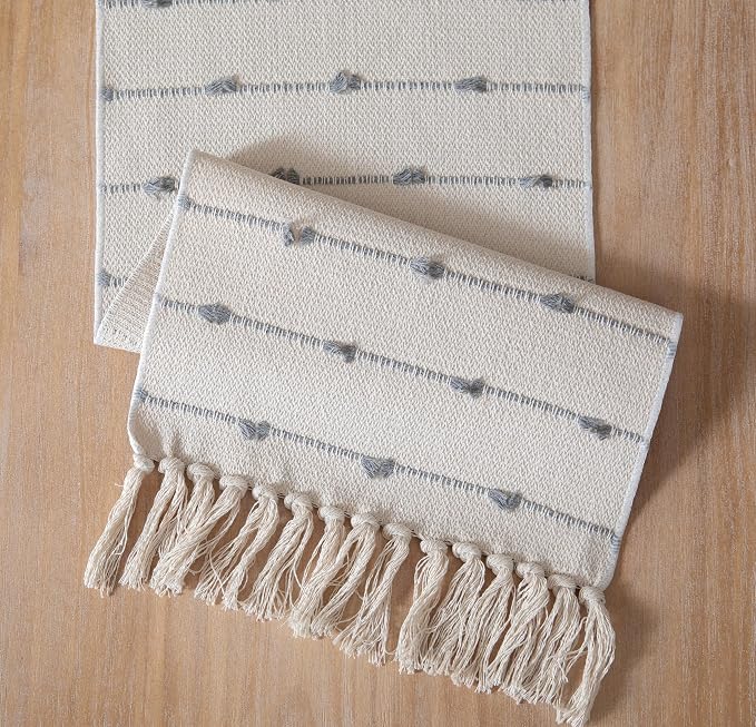 Caflife Boho Table Runner 72 Inchs Long for Modern Farmhouse Room Home Decor, Grey and Beige Coffee Table Runner, Natural Cotton Woven with Tassels Neutral, for Kitchen Dining Table Decor