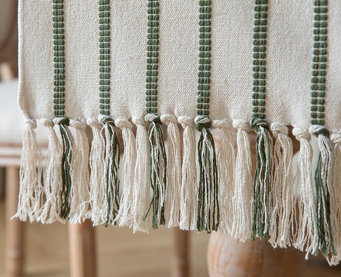 Caflife Boho Table Runner 72 Inchs Long Green and Beige, Cotton and Linen Woven with Tassels, for Modern Rustic Farmhouse Neutral Table Runners, Bohemian Kitchen Dining Table Home Decor