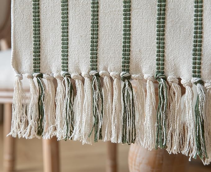 Caflife Boho Table Runner 60 Inchs Long Green and Beige, Cotton and Linen Woven with Tassels, for Modern Rustic Farmhouse Neutral Table Runners, Bohemian Kitchen Dining Table Home Decor