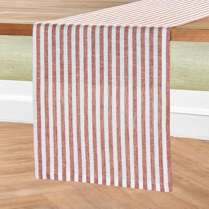 Solino Home Linen Table Runner 60 Inches - Amalfi Stripe 100% Pure Linen Cinnamon and White Farmhouse Table Runner 14 x 60 Inch Ideal for Dresser and Coffee Tables