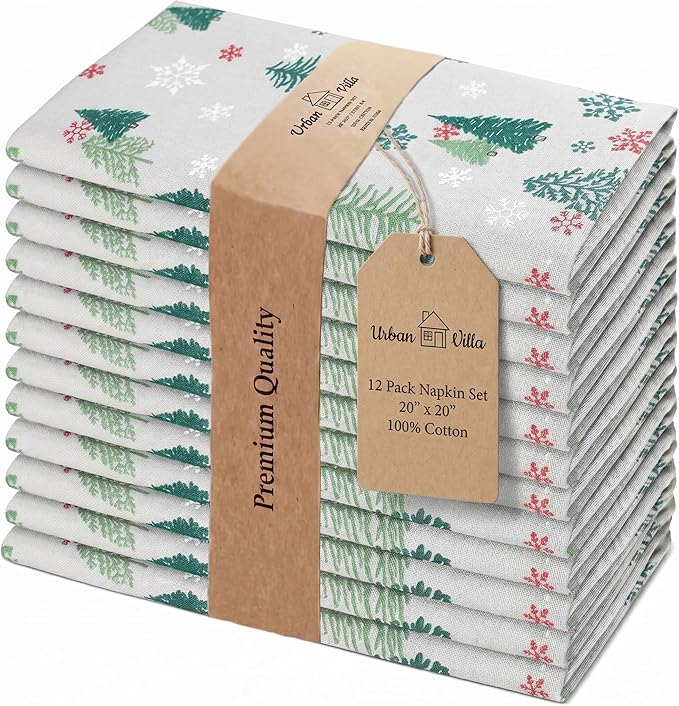 Urban Villa Cloth Napkins 100% Cotton Highly Absorbent Washable Reusable Premium Dinner Napkins Ideal for Gifts for Mothers Day Hotel Farmhouse Parties - Green Tree Print (20" x 20", Set of 12)