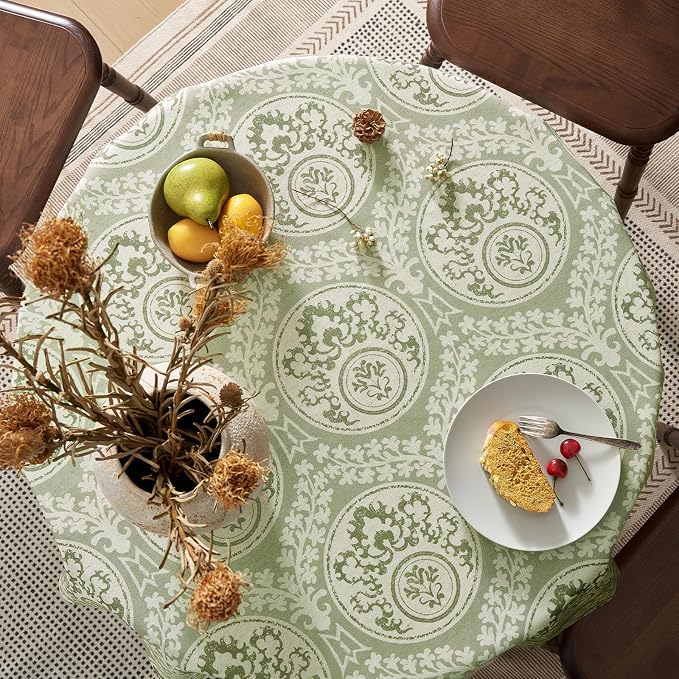 Vintage Green Printed Square Tablecloth: Floral Linen Farmhouse Table Cloth - Sage Damask Pattern on Burlap Textured Fabric Outdoor Table Cover for Kitchen,Dining,Party,Picnic Decor, 55x55 Inch