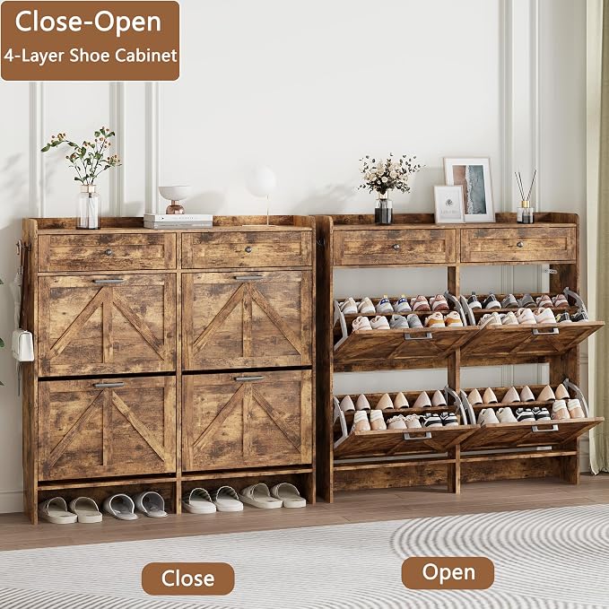 Shoe Cabinet with 4 Flip Drawers & 2 Top Drawers, 43" Tall Freestanding Narrow Wooden Shoe Storage Organizer for Entryway, Hidden Slim Shoe Rack for Front Door Entrance, Hallway, Living Room, Brown
