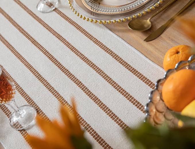 Caflife Boho Table Runner 60 Inchs Long Brown and Beige, Cotton and Linen Woven with Tassels, for Modern Rustic Farmhouse Neutral Table Runners, Bohemian Kitchen Dining Table Home Decor