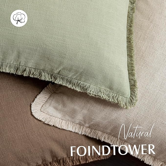 Foindtower Set of 2 Decorative Linen Fringe Throw Pillow Covers Boho Farmhouse Cushion Cover with Tassels Soft Accent Pillowcase for Couch Sofa Bed Living Room Home Decor,22×22 Inch,Light Sage Green