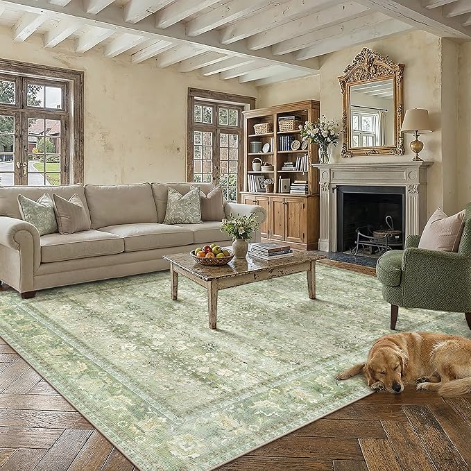 HUGEAR 8x10 Machine Washable Rugs Light Green Hallway Large Area Rug Indoor Accent Rug Floral Low Pile Carpet Soft Throw Aesthetic Rug Bedroom Living Room Office Dining Room Kitchen Laundry Room