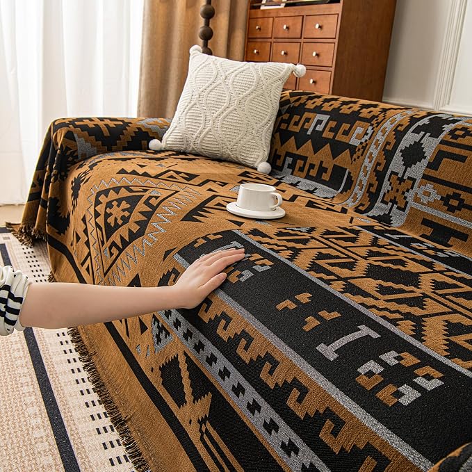 VClife Boho Couch Cover, Aztec Sofa Cover for Dog, Non Slip Washable Couch Covers for 3-4 Cushion Couch Sofa, Reversible Triangle Geometric Futon Cover Furniture Protector (Black-Pumpkin, 71" x 150")