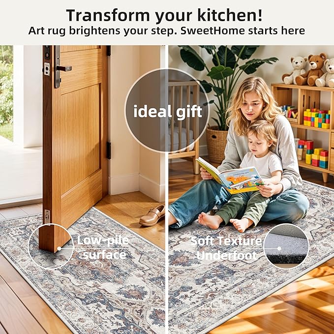 Washable Kitchen Rug Set of 3: Boho Non-slip Soft Stove Sink Mat Light Weight Stain Resistant Carpet for Dog Bowl Area Comfort Tile/Hardwood Floors Protection Mat for Entryway Foyer(2x3+2x4+2x5,Brick)