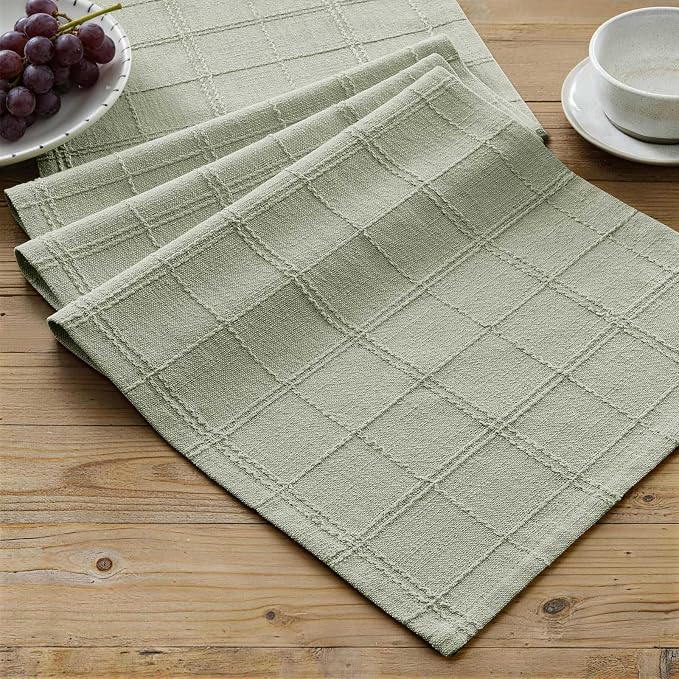 ZeeMart Linen Checked Farmhouse Table Runner, 13x60 Inches Seeding Green | Raised Grid Design, Rich Woven Texture, Linen Blend Table Runners 60 Inches Long, Machine Washable, Boho Home Kitchen Decor