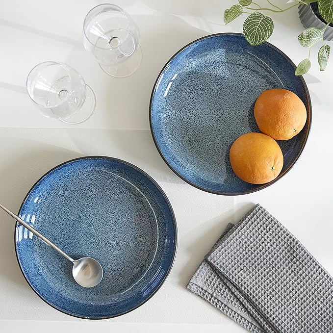 Sango Resona Blue & Black Large Serving Bowl (Set of 2), 64.25 oz, 10" Stoneware Bowls for Pasta, Salad & Dinner, Ceramic Bowls for Entertaining with Glossy Reactive Glaze, Dishwasher & Microwave Safe