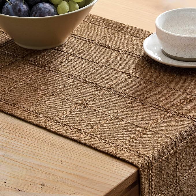 ZeeMart Linen Checked Farmhouse Table Runner, 13x60 Inches Roasted Brown | Raised Grid Design, Rich Woven Texture, Linen Blend Table Runners 60 Inches Long, Machine Washable, Boho Home Kitchen Decor
