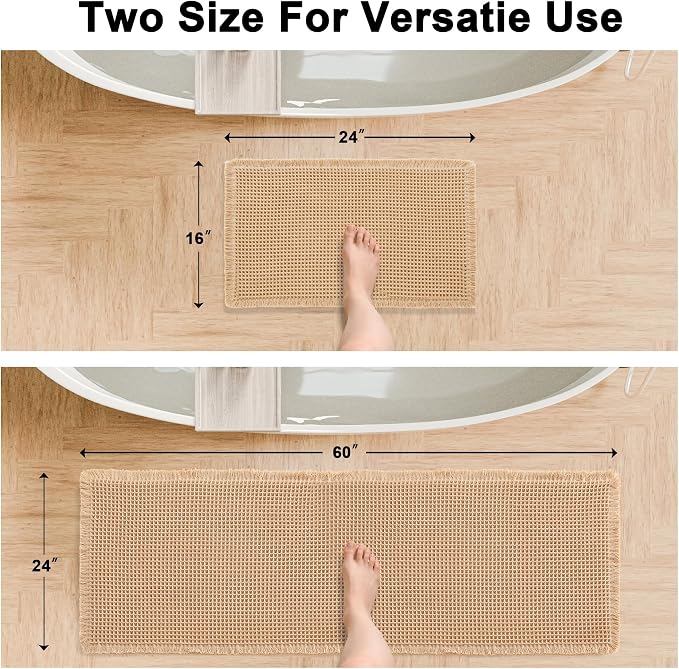 Hiasan Set of 2 Waffle Bath Mat, Super Absorbent Non Slip Bathroom Boho Rug with Tassels, Machine Washable Bath Mats for Bathroom, Ultra Soft Rubber Backed Rug, Brown, 16" x 24" + 24" x 60"