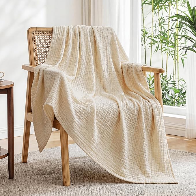 Love's cabin Cooling Muslin Throw Blanket, 50% Rayon Derived from Bamboo, 50% Cotton, 4-Layer Lightweight Breathable Summer Gauze Blanket for Couch Sofa Travel, Soft for Hot Sleepers, 50"x60", Beige
