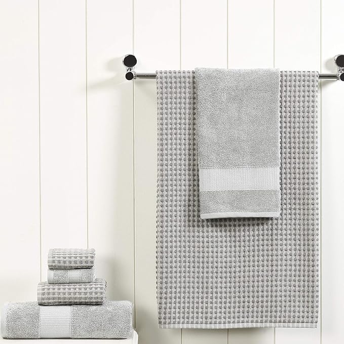 Modern Threads 6 Piece Cotton Bath Towel Set – Ultra Soft 600 GSM Towels – Bathroom Set with Hand Towels and Washcloths – Waffle (Silver Cloud)