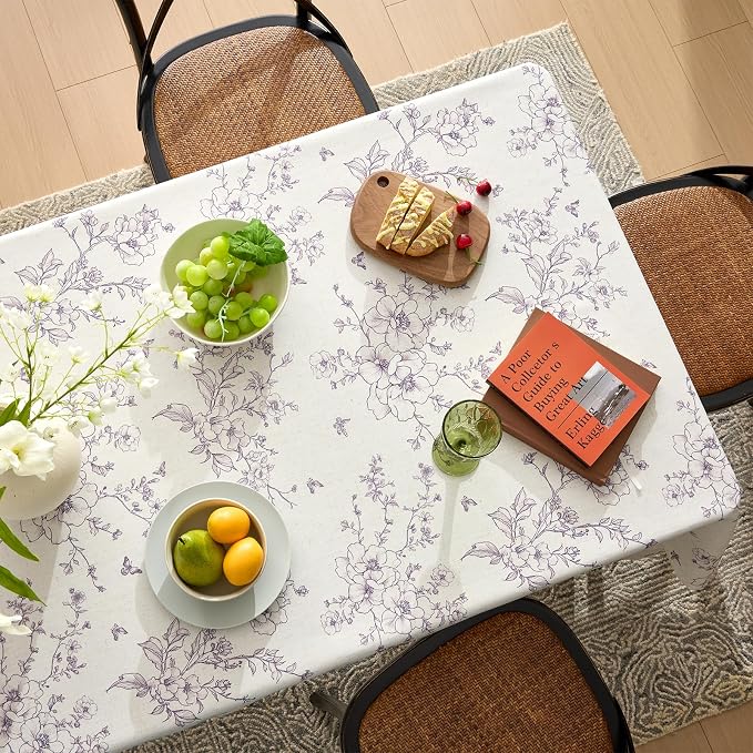 Linen Floral Rectangle Tablecloth Farmhouse Vintage French Rustic Tablecloths Purple Flowers Pattern Burlap Textured Outdoor Table Cover for Picnic,Dining,Party,Home Decor 55x120 Inch