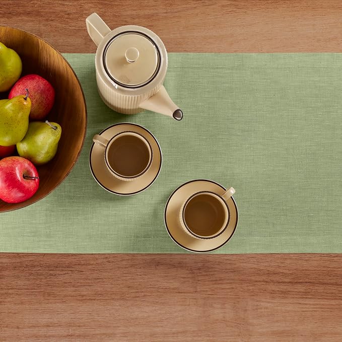 Solino Home Linen Table Runner 120 Inches Long - Athena, 100% Pure Linen Chambray Olive Table Runner 14 x 120 Inch for Dining, Summer
