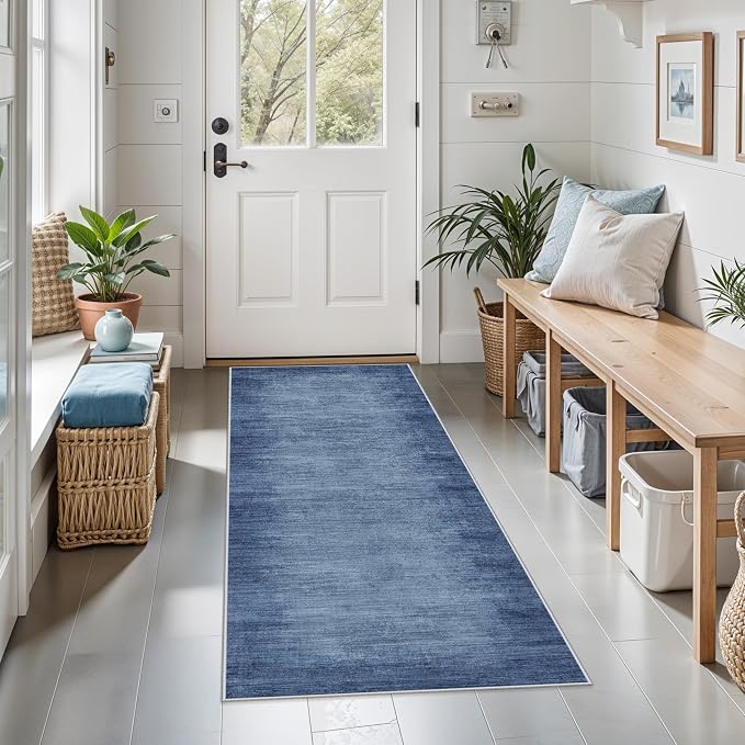 2x6ft Non-Slip Washable Kitchen Rug - Modern Carpet Runner for Hallway,Bedroom Bedside,Laundry Room,Entryway with Rubber Backing – Abstract Neutral Low-Pile Thin (Navy Blue,2x6)