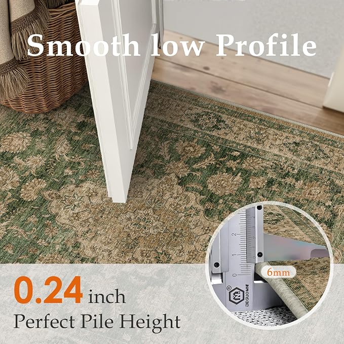 HUGEAR 3x5 Entryway Area Rug Retro Green Small Rug Machine Washable Door Mat Vintage Floral Low Pile Carpet Distressed Throw Rug Entrance Kitchen Bedroom Bathroom Office Non Slip Soft Lightweight