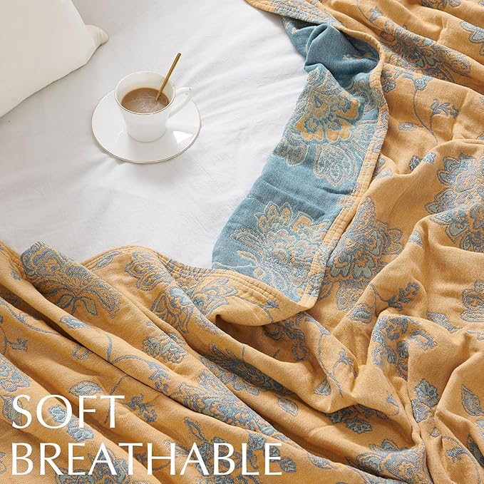 jinchan Boho 100% Cotton Muslin Queen Size 80x90 Inches Blanket Lightweight 4-Layer Quilted Soft Yellow and Blue Floral Throw Blanket Reversible Comfy Flower Rustic All Seasons Couch Bedroom Decor
