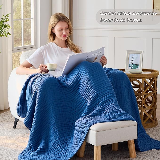 VANJOROY 9-Layer Muslin Throw Blanket King 90" x 108" Blue, 100% Cotton Organic Breathable Lightweight Large Throw for Couch Bed Quilt and Bedspread - All Season Muslin Soft Gauze Blanket