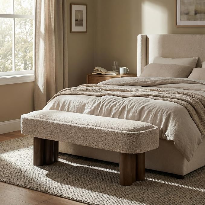 Christopher Knight Home Damas Boucle Upholstered Dining Bench, Wooden Entryway Bench, Long Sofa Footstool for Living Room, Bedroom End of Bed Bench, Khaki+Walnut