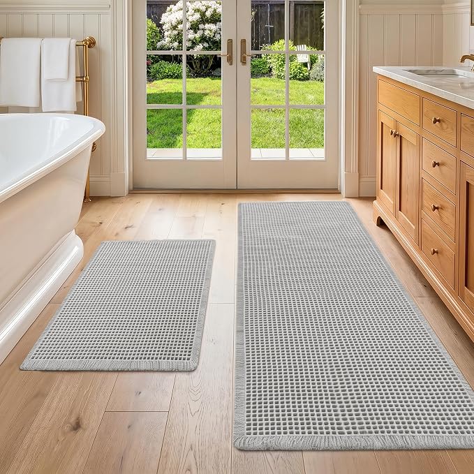 DWCN Set of 2 Waffle Boho Bathroom Mats, Non Slip Bath Rug Set for Bathroom Floor, Super Absorbent Shower Mats for Tub, Washable Kitchen Rugs for Farmhouse Home Decor, 20" x 32" Plus 24" x 60", Grey