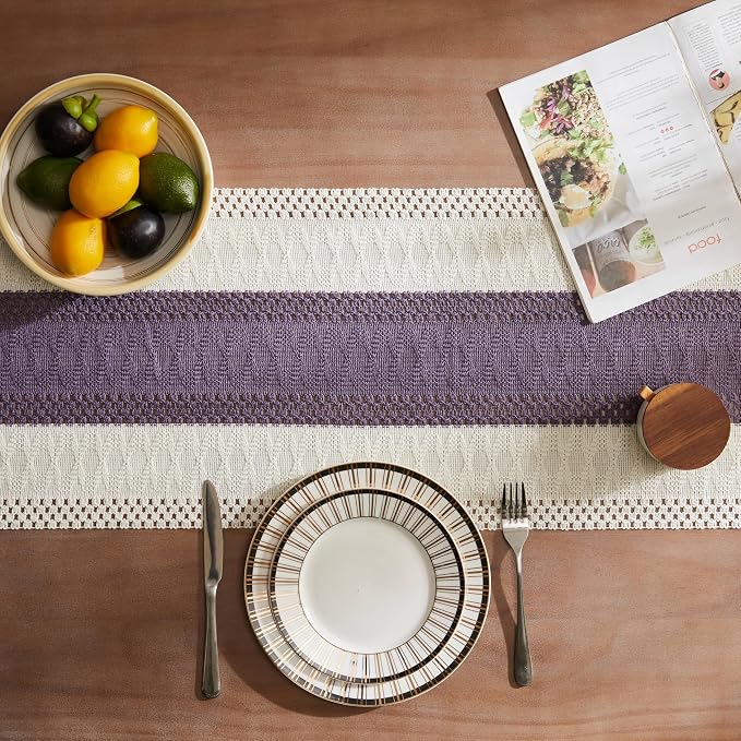 ZeeMart Macrame Style Bicolor Stitching Table Runner, 14 x 90 Inch Purple/Ivory, Boho Purple Table Runners 90 Inches Long, Farmhouse Woven Home Decor