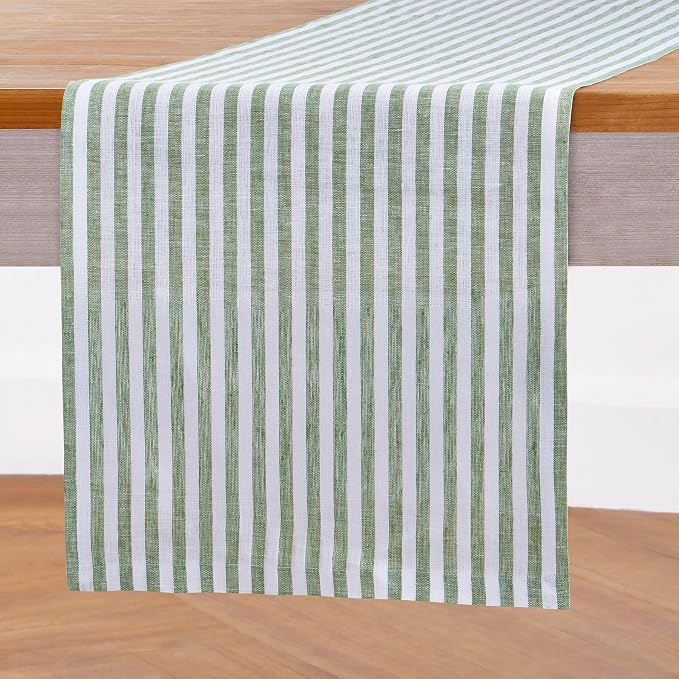 Solino Home Striped Linen Table Runner 36 Inches - Amalfi Stripe, 100% Pure Linen Green and White Small Table Runner 14 x 36 Inch Ideal for Dresser and Coffee Tables - Summer