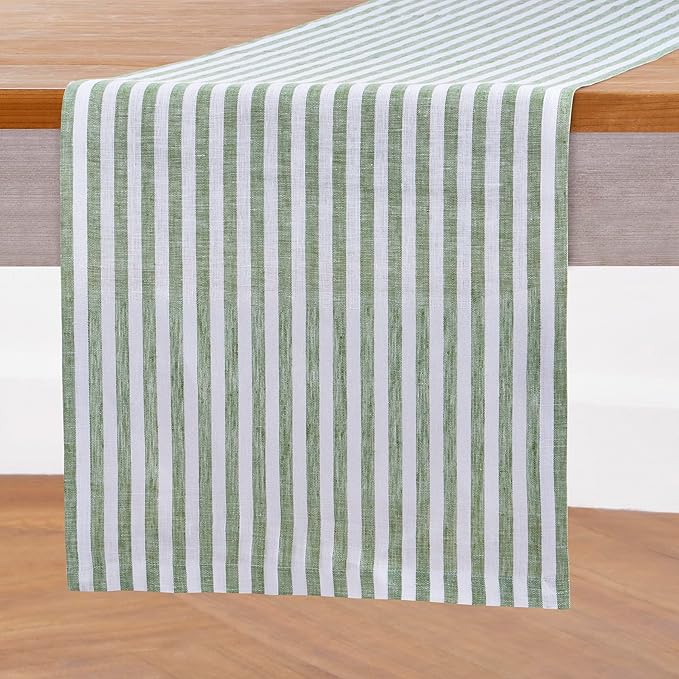 Solino Home Linen Table Runner 90 Inches Long - Amalfi Stripe, 100% Pure Linen Green and White Table Runner 14 x 90 Inch for Dining, Summer