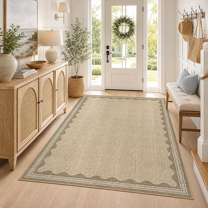 GarveeHome Washable Rugs 5x7 Rug for Living Room, Scalloped 5 x 7 Rug Solid Tan Jute Digital Printing Modern Low-Pile Carpet for Bedroom Dining Nursery Non Slip Mat with Rubber Back