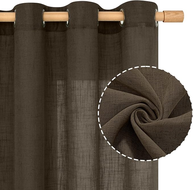 LAMIT Semi Sheer Linen Curtains 45 Inches Long, Linen Textured Light Filtering Panels Bronze Grommet Neutral Drapes for Kitchen/Window/Bedroom, Dark Brown, 2 Panels, 52 x 45 Inch