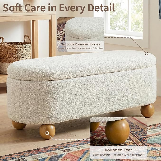 VKNOW 44.8" Storage Ottoman Bench End of Bed Bench, Thickened Upholstered Blanket Chest for Living Room, Entryway Bench with Cute Spherical Solid Wood Stool Legs for Bedroom, Beige