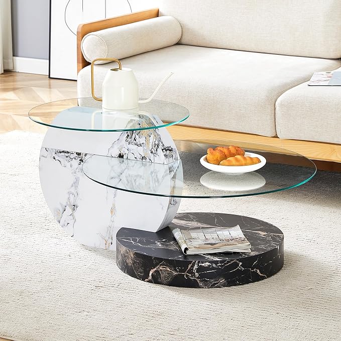 Glass Coffee Tables Round Coffee Tables for Living Room Modern 3 Tier Round Table Circle Coffee Table for Small Space Home Office (35.4 Inch White+Black)
