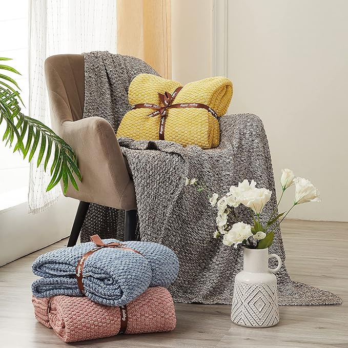 Longhui bedding 100% Cotton Knitted Throw Blanket – Yellow, Soft & Cozy, Machine Washable, 60"x80" – Perfect for Living Room, Couch, Sofa, Bed or Travel