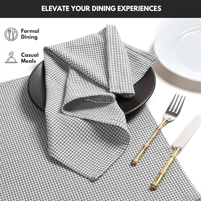 Cloth Napkin 100% Cotton 18"x18" Decorative Washable Table Houndstooth Check Napkins Set of 4 for Dining, Holidays, Buffet Parties & Wedding Use - Grey