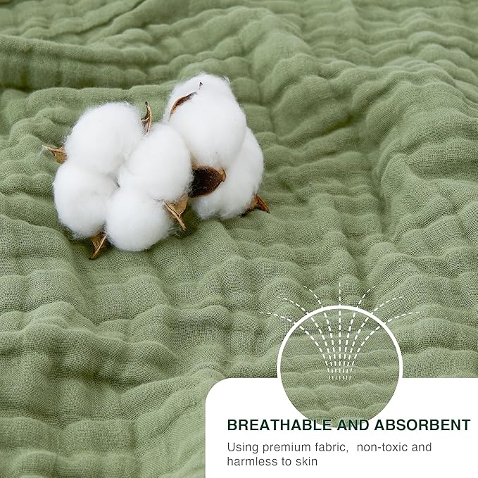 Love's cabin 100% Cotton Muslin Blanket, 6 Layer Lightweight Breathable Gauze Queen Size Blanket 90 x 90 Inches, Soft All Season Blanket for Bed, Sage Green