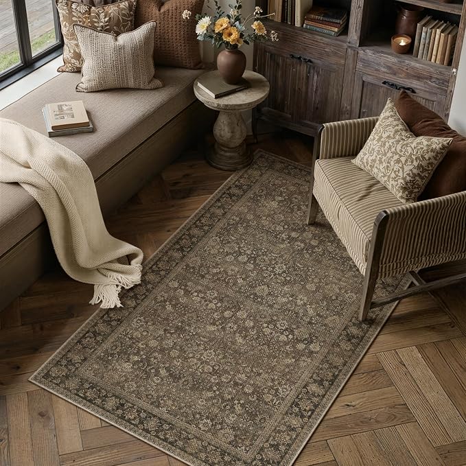 HUGEAR 3x5 Indoor/Outdoor Rug Brown Linen-Look Fabric Vintage Area Rug High Traffic Stain Resistant Easy Clean Durable Rugs for Living Kitchen Patio Deck Balcony Porch Garden Courtyard