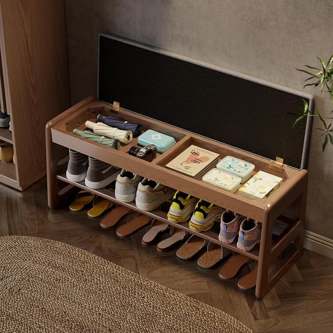 AQIMUELE Shoe Rack Bench,2 Tiers Shoe Bench with Storage with Flip-Top,Wood Shoe Rack for Entryway,Hallway(Walnut Upholstered Seat,11.8" D x 39.3" W x 15.7" H