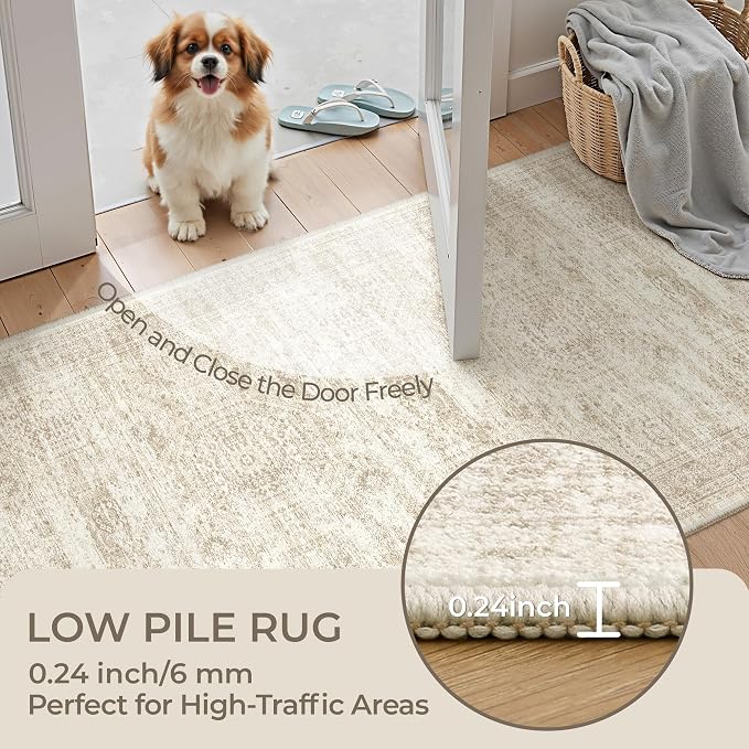 Area Rugs 4x6 for Living Room, Non-Slip Backing Small Kids Rugs for Bedroom, Vintage Abstract Rug Home Decor, Low Pile Soft Washable Rug for Kitchen, Dining Room (4'x6', Beige/Ivory)