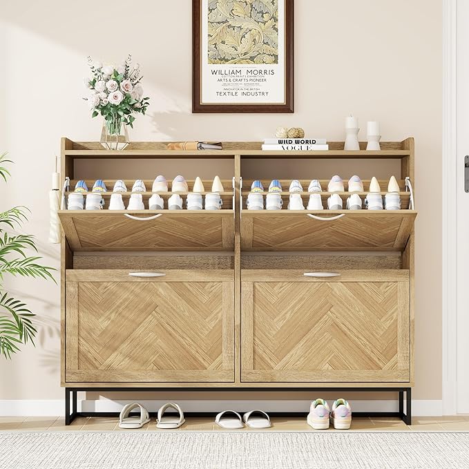 47.2" Shoe Cabinet Storage for Entryway, Narrow Wood Shoe Organizer with 4 Flip Drawers & Adjustable Shelves,Freestanding Hidden Shoe Storage Organizer with Hooks for Entryway, Foyer, Hallway, Oak