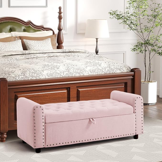 Ottoman with Storage, Tufted Storage Bench for Bedroom, 48" Fabrics End of Bed Bench, Upholstered Entryway Shoe Benches with Rolled Arm & Inner Zipper, Window Ottomans Chest with Rivets, Pink