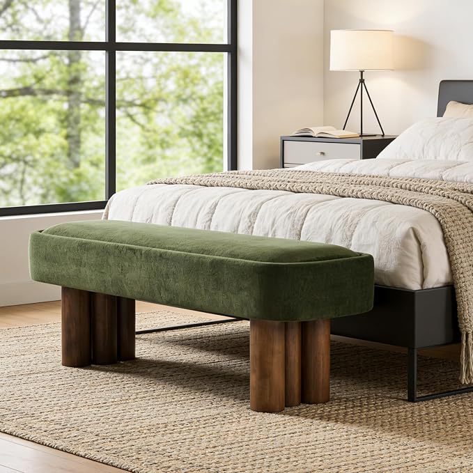 Christopher Knight Home Damas Fabric Upholstered Dining Bench, Wooden Entryway Bench, Long Sofa Footstool for Living Room, Bedroom End of Bed Bench, Olive Green+Walnut
