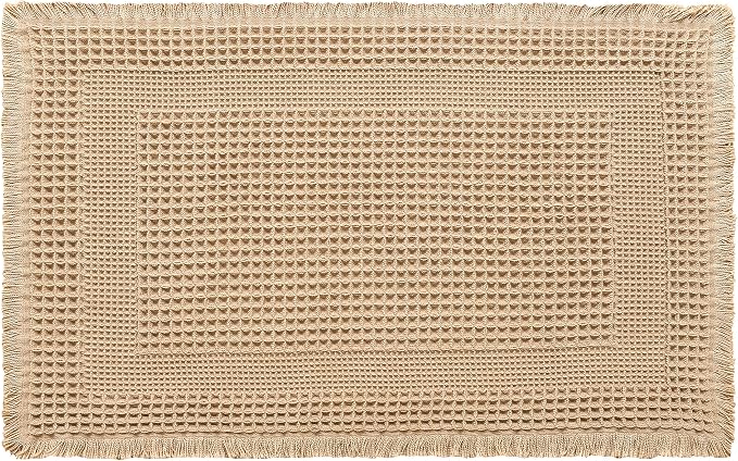 Hiasan Set of 2 Waffle Bath Mat, Super Absorbent Non Slip Bathroom Boho Rug with Tassels, Machine Washable Bath Mats for Bathroom, Ultra Soft Rubber Backed Rug, Loop-Brown, 16" x 24" + 20" x 32"