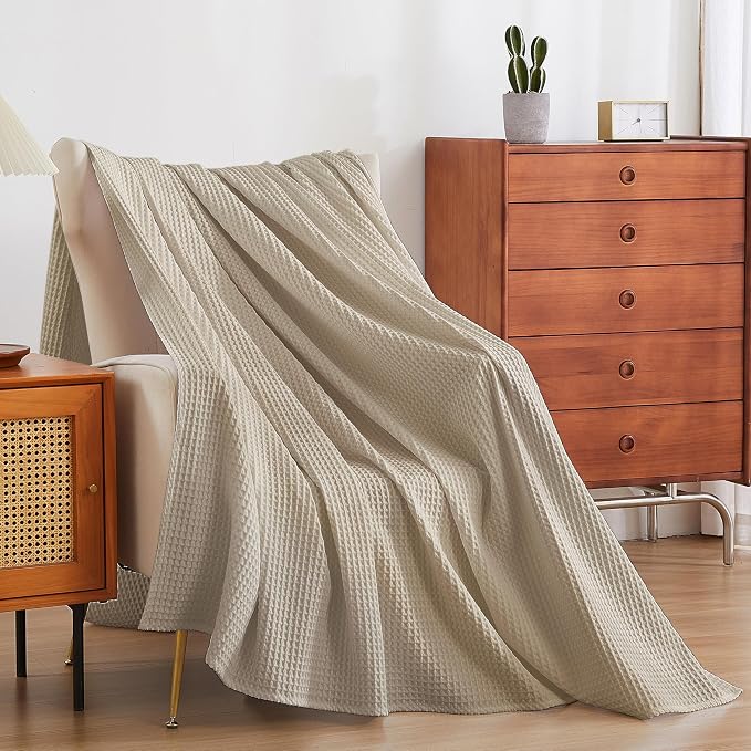 100% Egyptian Cotton Waffle Weave Throw Blanket for Bed Couch Sofa Home Decor, Soft Lightweight Bed & Couch Blanket for All Seasons (Light Khaki - King Size - 104 * 90")