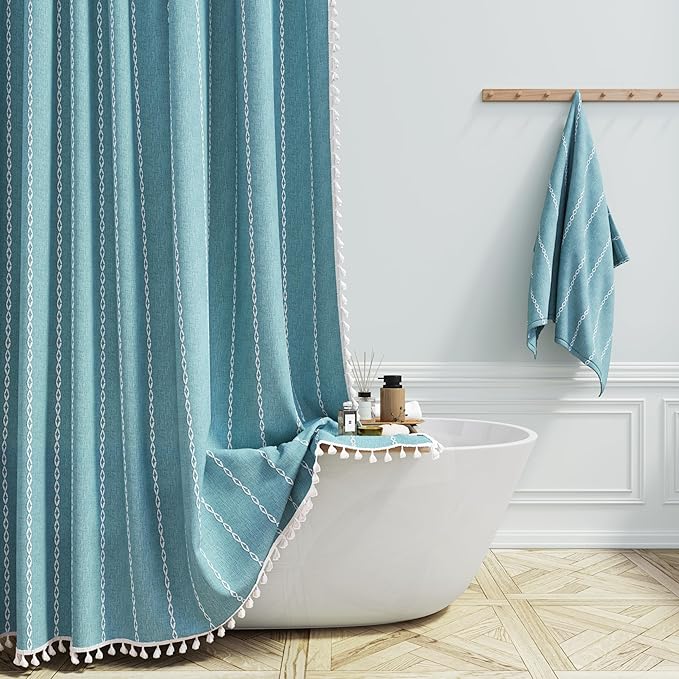 BTTN Boho Farmhouse Shower Curtain, Rustic Thick Striped Linen Fabric Shower Curtains Sets with Tassel, Water Resistant, Modern Aesthetic Vintage Shower Curtain with Hooks for Bathroom, 72x72, Teal