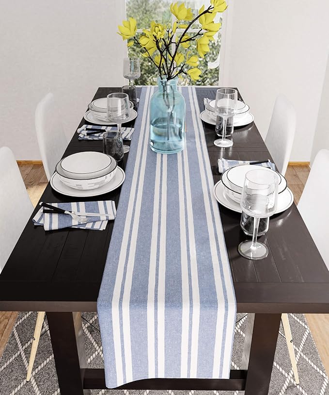 Encasa XO Cotton Cloth Napkins Set of 12, 17"x17" | Washable & Reusable Dinner Napkins Franca Blue Stripes Table Napkins for Farmhouse, Wedding, Holiday, Party & Everyday Dining